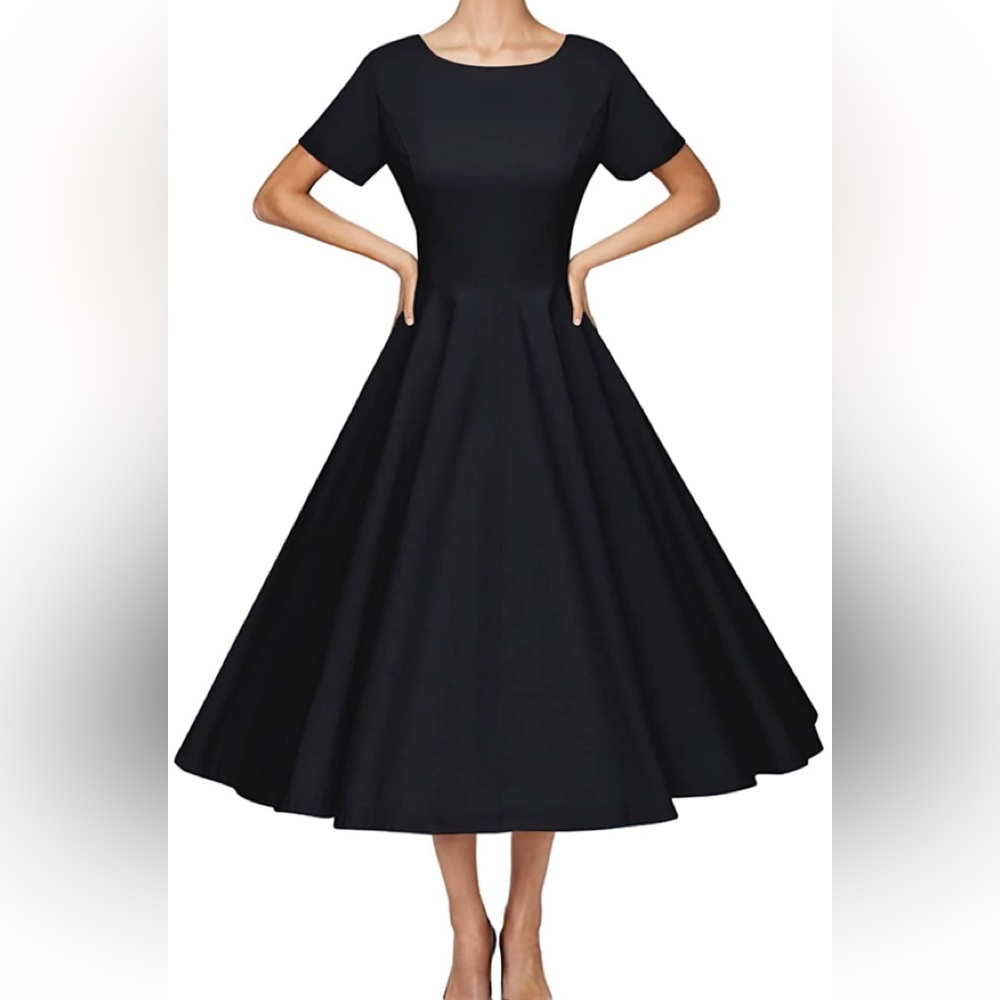 Black fit and flare midi with back bow detail and POCKETS